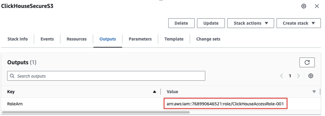 CloudFormation stack output showing IAM Role ARN